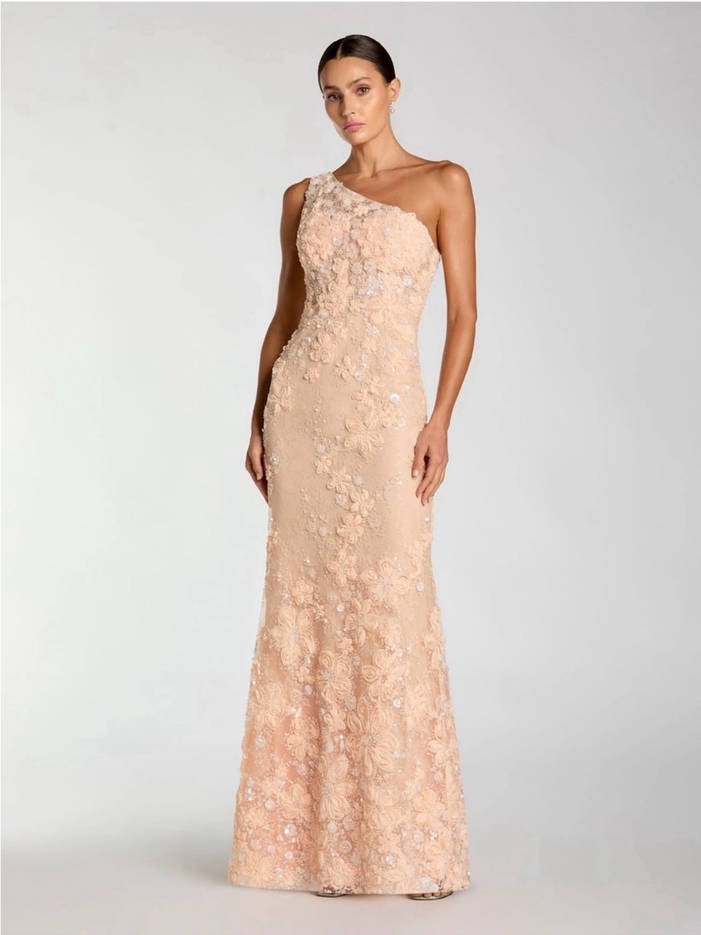 Mac Duggal One-Shoulder Blush Floral Appliqué Gown